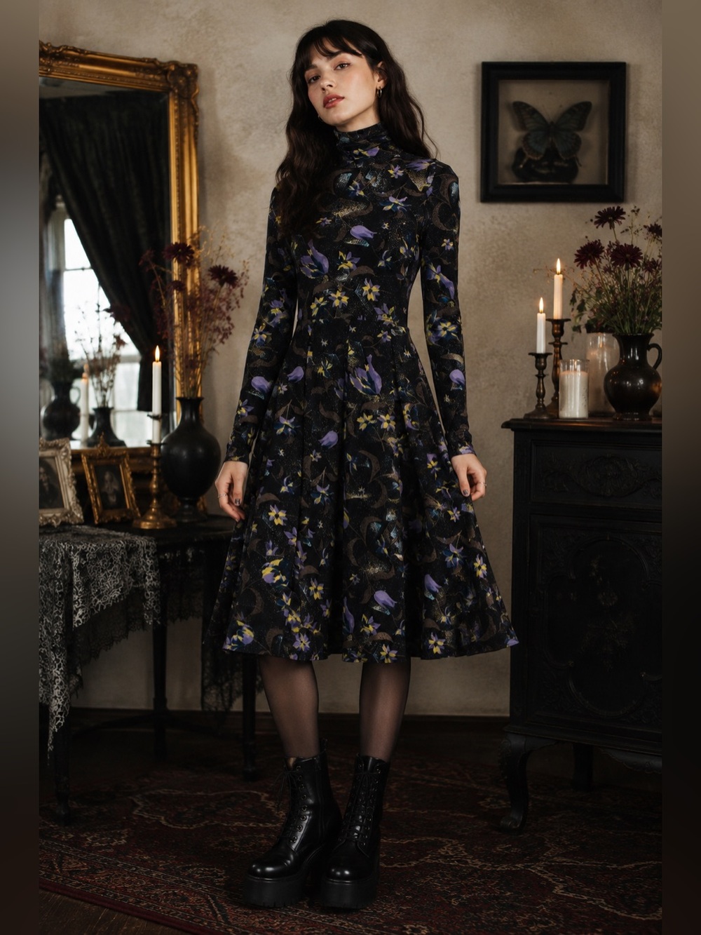 NWT Suno Black Floral Turtleneck Long Sleeve Fit & Flare Midi Dress size small
